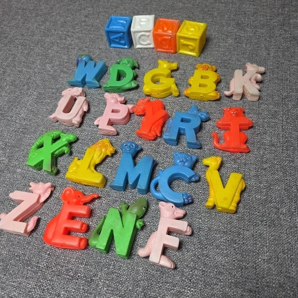 Vintage Blow Mold Soft Plastic ABC Letters Blocks Animals Nursery Toy Decor 60's